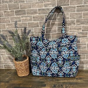 Vera Bradley "INK BLUE" Pattern Quilted Canvas Side‎ Pockets Shoulder Bag